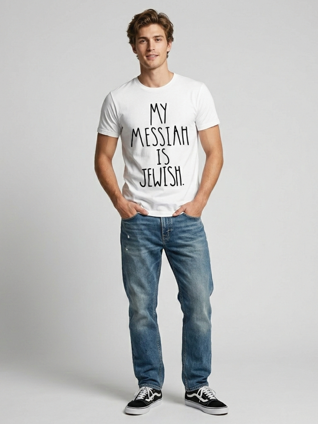 Man wearing a white t-shirt with 'My Messiah is Jewish' text on a plain background