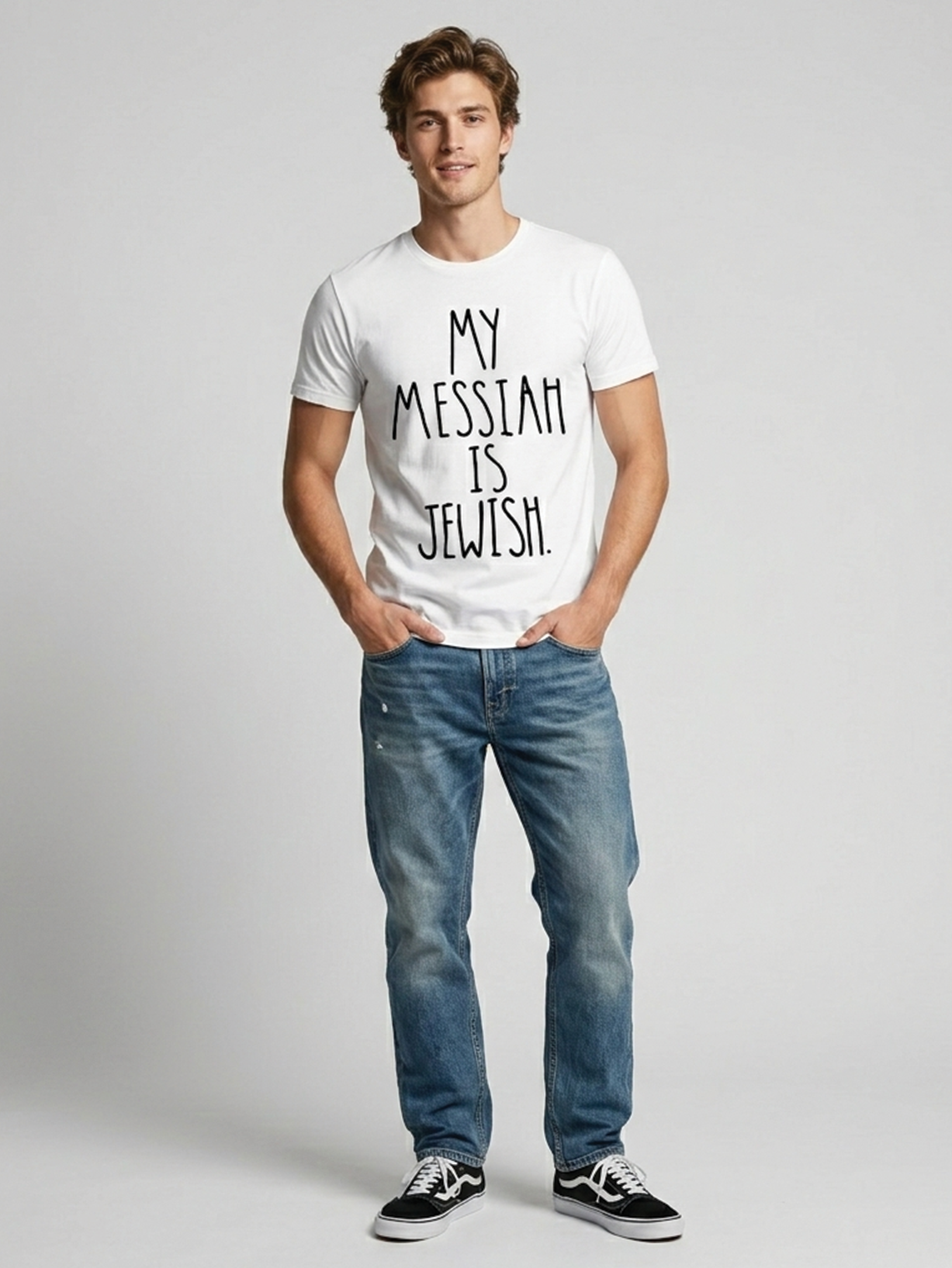 Man wearing a white t-shirt with 'My Messiah is Jewish' text on a plain background